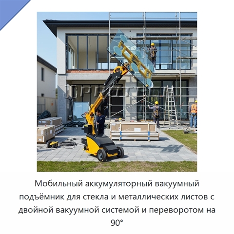 Мобильный аккумуляторный вакуумный подъёмник для стекла и металлических листов с двойной вакуумной системой и переворотом на 90°