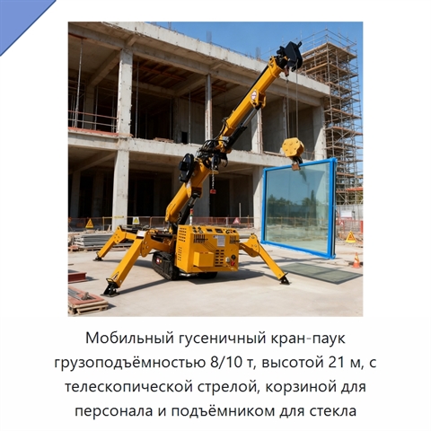 Мобильный гусеничный кран-паук грузоподъёмностью 8/10 т, высотой 21 м, с телескопической стрелой, корзиной для персонала и подъёмником для стекла