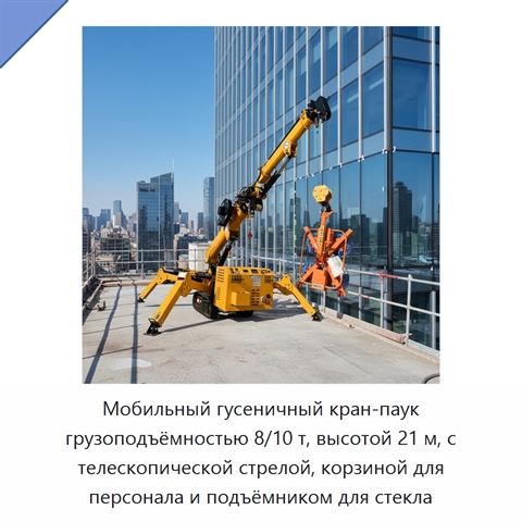 Мобильный гусеничный кран-паук грузоподъёмностью 8/10 т, высотой 21 м, с телескопической стрелой, корзиной для персонала и подъёмником для стекла