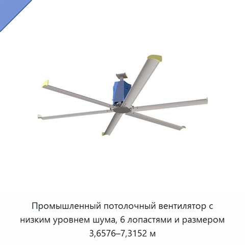 Промышленный потолочный вентилятор с низким уровнем шума, 6 лопастями и размером 3,6576–7,3152 м
