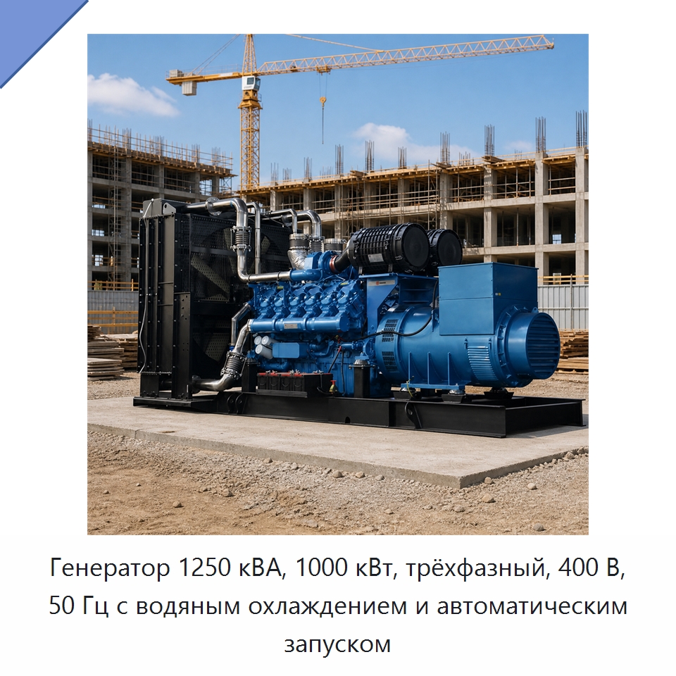 Генератор 1250 кВА, 1000 кВт, трёхфазный, 400 В, 50 Гц с водяным охлаждением и автоматическим запуском — Дизельные генераторы