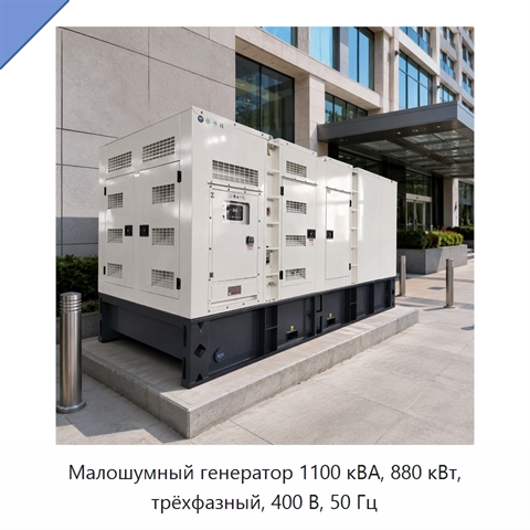 Малошумный генератор 1100 кВА, 880 кВт, трёхфазный, 400 В, 50 Гц