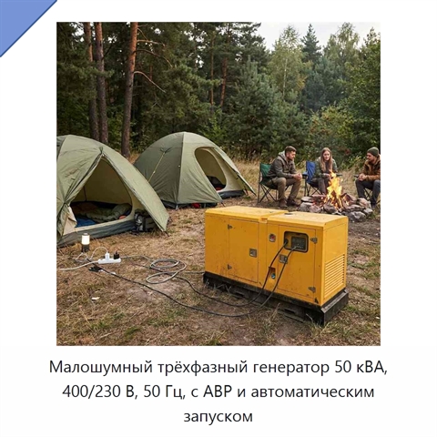 Малошумный трёхфазный генератор 50 кВА, 400/230 В, 50 Гц, с АВР и автоматическим запуском