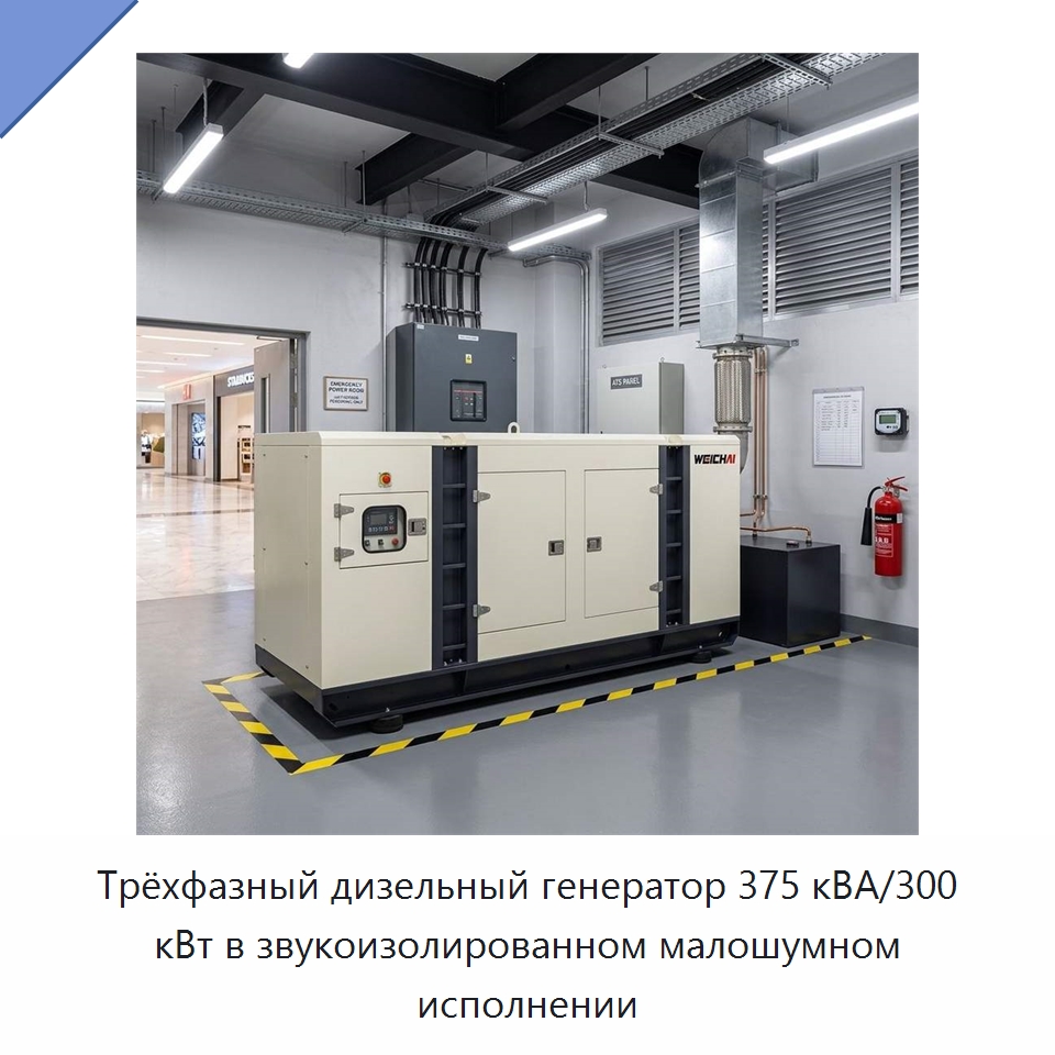 Трёхфазный дизельный генератор 375 кВА/300 кВт в звукоизолированном малошумном исполнении — Дизельные генераторы