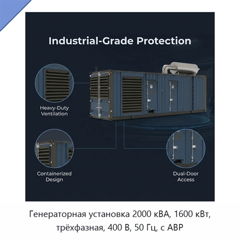 Генераторная установка 2000 кВА, 1600 кВт, трёхфазная, 400 В, 50 Гц, с АВР