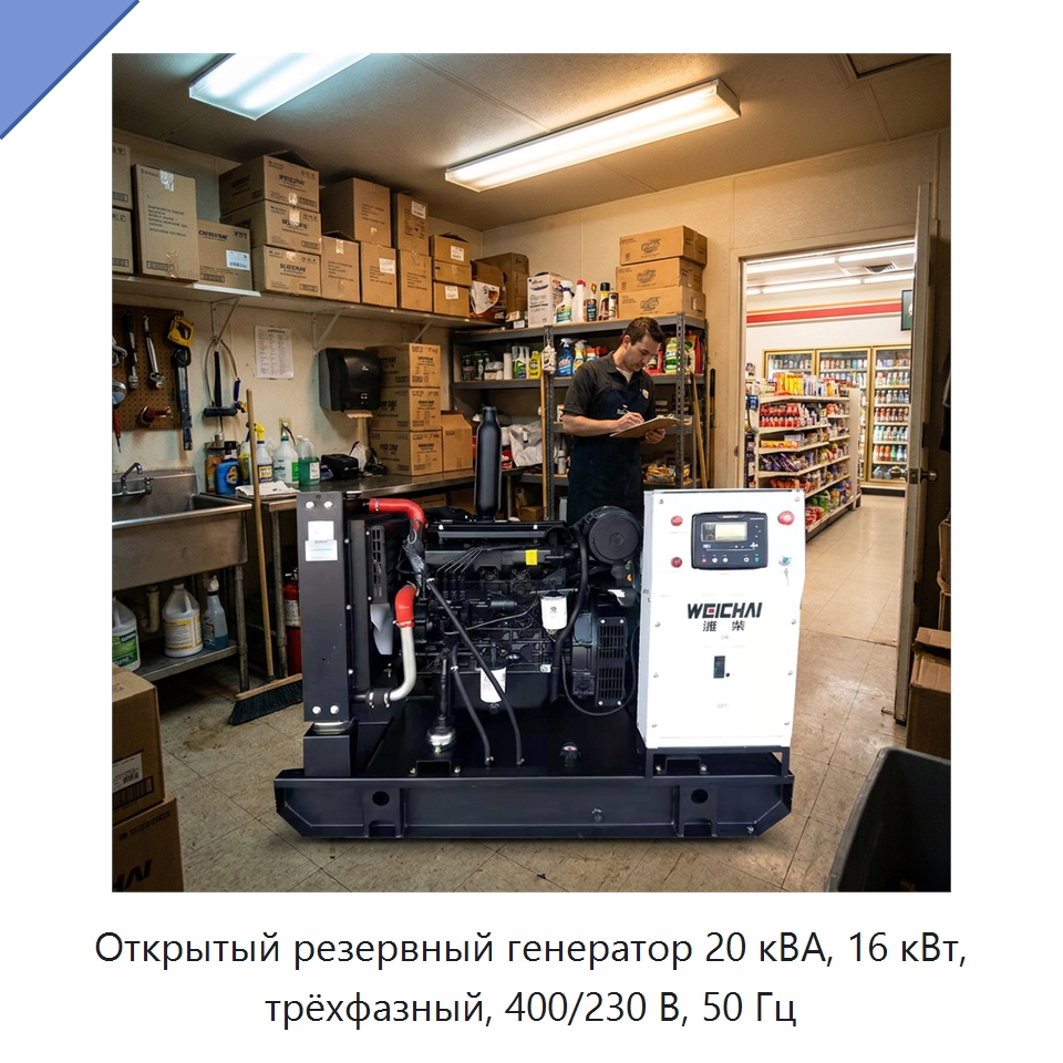 Открытый резервный генератор 20 кВА, 16 кВт, трёхфазный, 400/230 В, 50 Гц — Дизельные генераторы