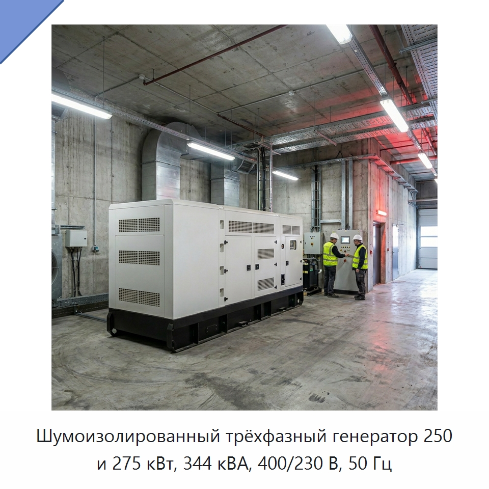 Шумоизолированный трёхфазный генератор 250 и 275 кВт, 344 кВА, 400/230 В, 50 Гц — Дизельные генераторы