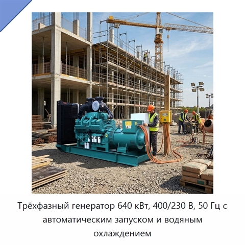 Трёхфазный генератор 640 кВт, 400/230 В, 50 Гц с автоматическим запуском и водяным охлаждением