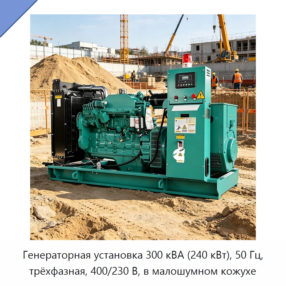 Генераторная установка 300 кВА (240 кВт), 50 Гц, трёхфазная, 400/230 В, в малошумном кожухе — Дизельные генераторы