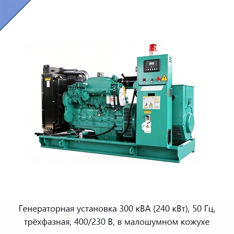 Генераторная установка 300 кВА (240 кВт), 50 Гц, трёхфазная, 400/230 В, в малошумном кожухе