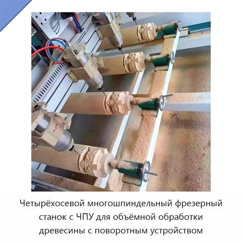Четырёхосевой многошпиндельный фрезерный станок с ЧПУ для объёмной обработки древесины с поворотным устройством