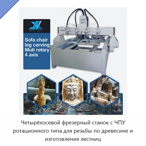 Четырёхосевой фрезерный станок с ЧПУ ротационного типа для резьбы по древесине и изготовления лестниц
