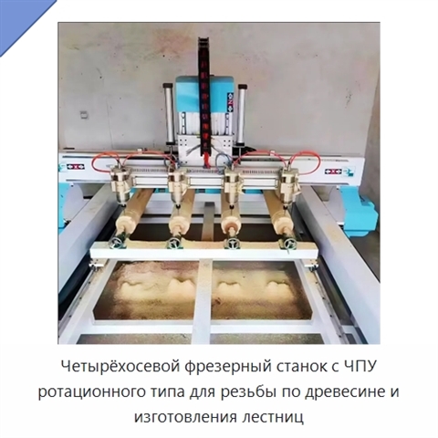 Четырёхосевой фрезерный станок с ЧПУ ротационного типа для резьбы по древесине и изготовления лестниц