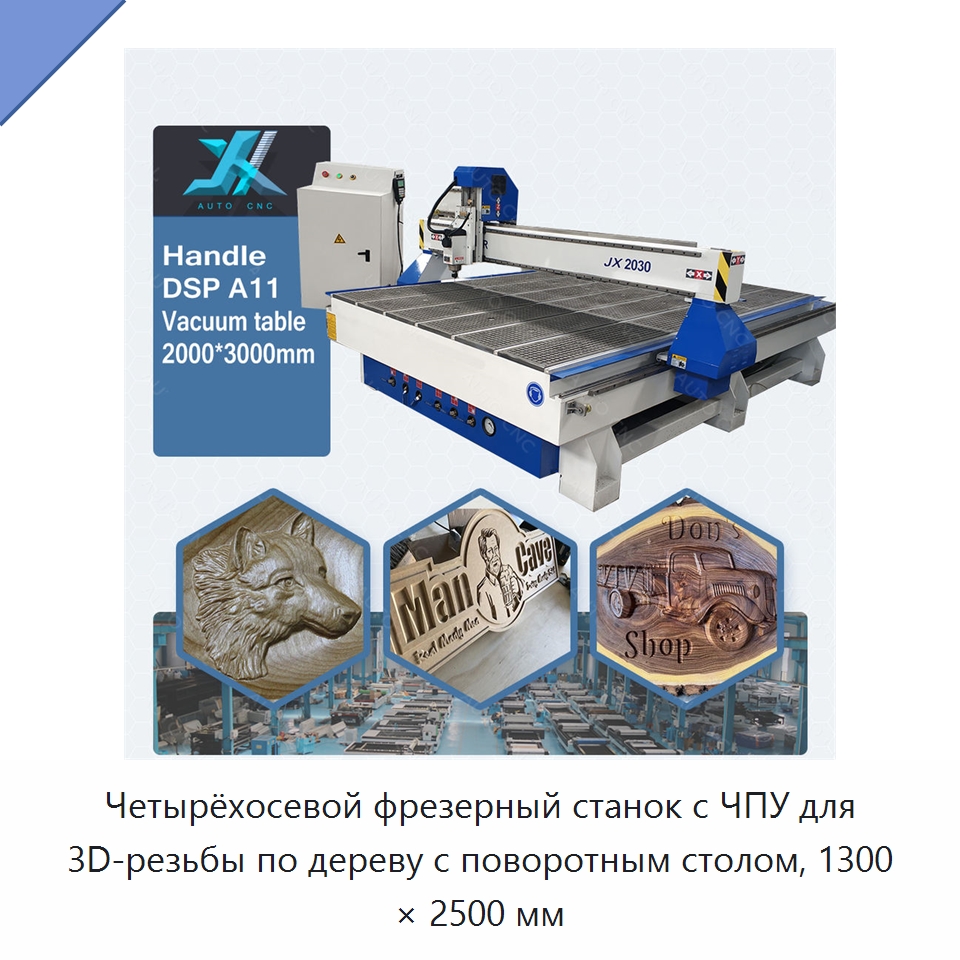 Четырёхосевой фрезерный станок с ЧПУ для 3D-резьбы по дереву с поворотным столом, 1300 × 2500 мм — Фрезерные станки по дереву