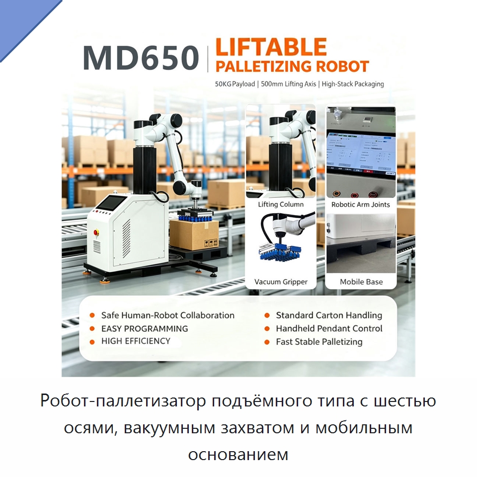 Робот-паллетизатор подъёмного типа с шестью осями, вакуумным захватом и мобильным основанием — Упаковочные линии