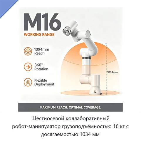Шестиосевой коллаборативный робот-манипулятор грузоподъёмностью 16 кг с досягаемостью 1034 мм