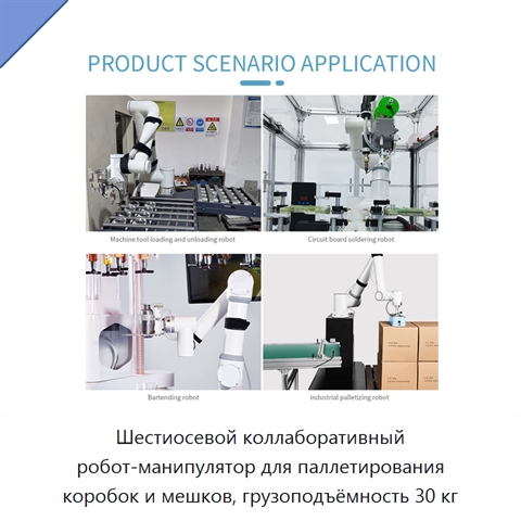 Шестиосевой коллаборативный робот-манипулятор для паллетирования коробок и мешков, грузоподъёмность 30 кг