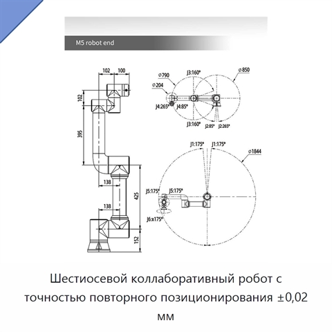 Шестиосевой коллаборативный робот с точностью повторного позиционирования ±0,02 мм