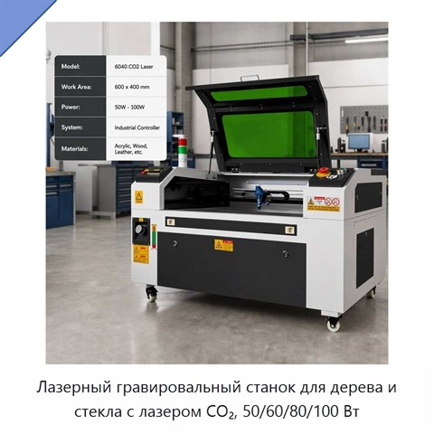 Лазерный гравировальный станок для дерева и стекла с лазером CO₂, 50/60/80/100 Вт