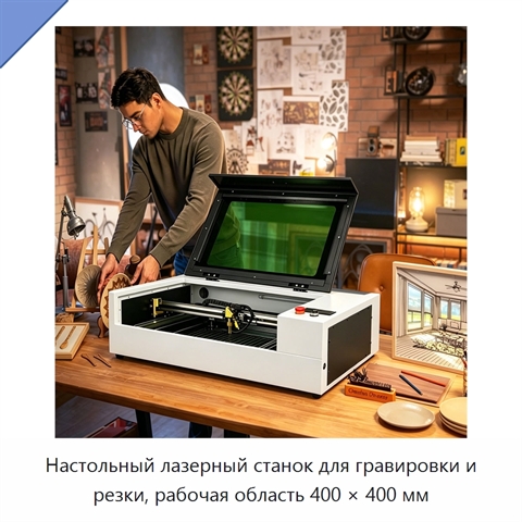 Настольный лазерный станок для гравировки и резки, рабочая область 400 × 400 мм