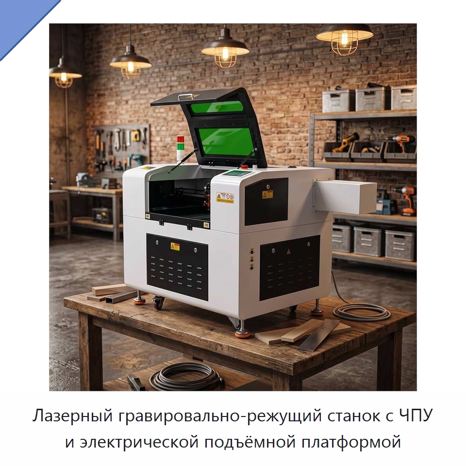 Лазерный гравировально-режущий станок с ЧПУ и электрической подъёмной платформой — Лазерные гравировальные станки