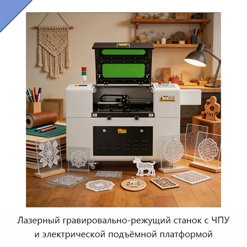 Лазерный гравировально-режущий станок с ЧПУ и электрической подъёмной платформой