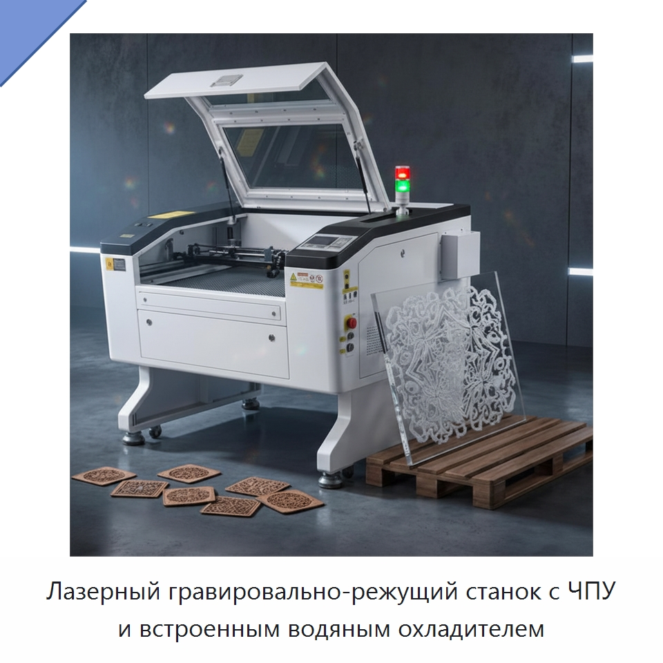 Лазерный гравировально-режущий станок с ЧПУ и встроенным водяным охладителем — Лазерные гравировальные станки