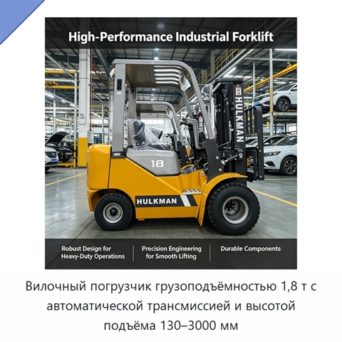 Вилочный погрузчик грузоподъёмностью 1,8 т с автоматической трансмиссией и высотой подъёма 130–3000 мм