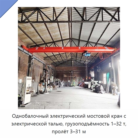 Однобалочный электрический мостовой кран с электрической талью, грузоподъёмность 1–32 т, пролёт 3–31 м