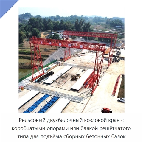 Рельсовый двухбалочный козловой кран с коробчатыми опорами или балкой решётчатого типа для подъёма сборных бетонных балок