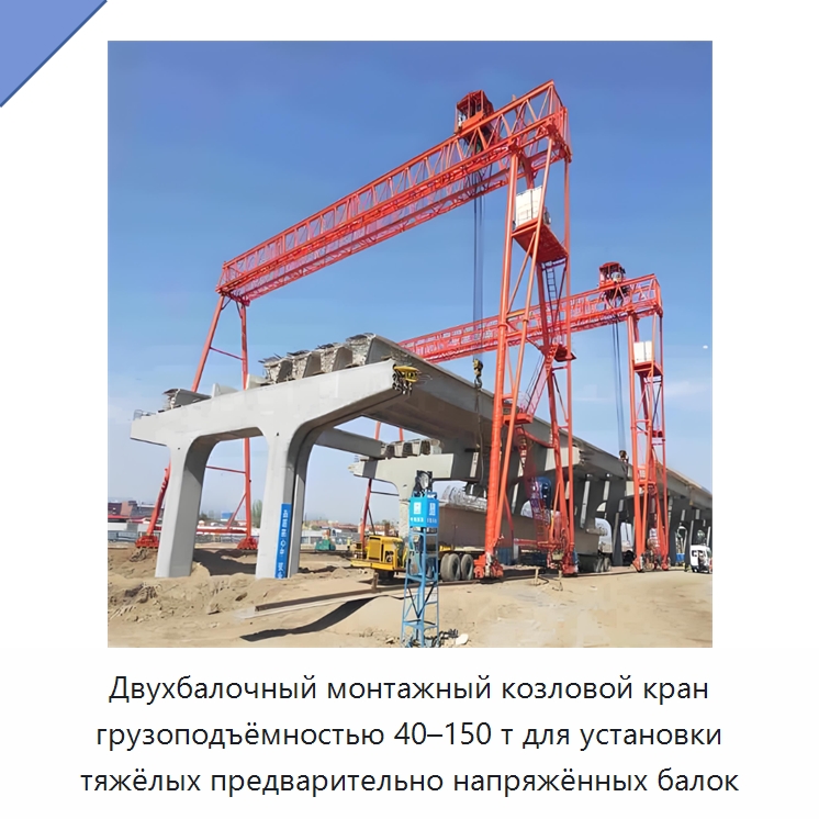 Двухбалочный монтажный козловой кран грузоподъёмностью 40–150 т для установки тяжёлых предварительно напряжённых балок — Краны