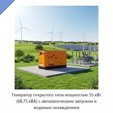 Генератор открытого типа мощностью 55 кВт (68,75 кВА) с автоматическим запуском и водяным охлаждением