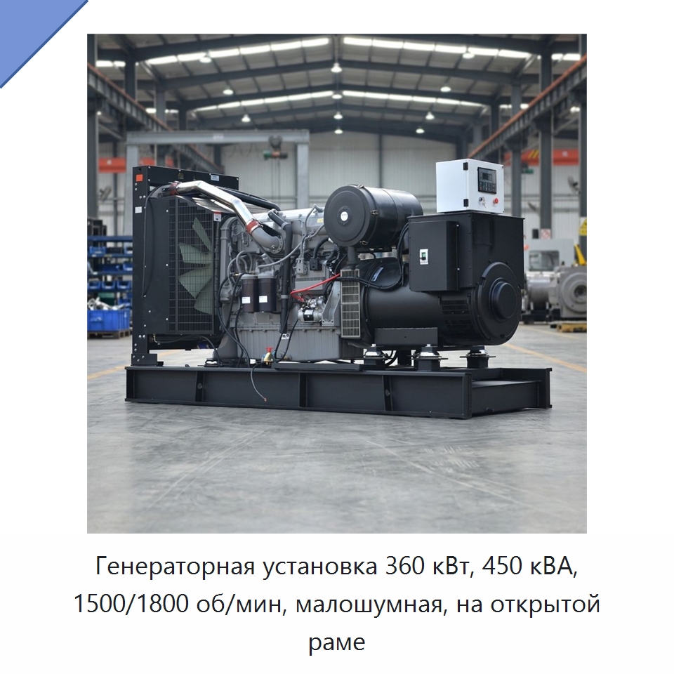 Генераторная установка 360 кВт, 450 кВА, 1500/1800 об/мин, малошумная, на открытой раме — Дизельные генераторы