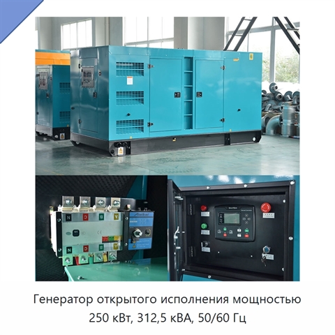 Генератор открытого исполнения мощностью 250 кВт, 312,5 кВА, 50/60 Гц