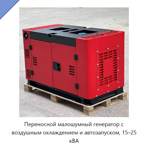 Переносной малошумный генератор с воздушным охлаждением и автозапуском, 15–25 кВА