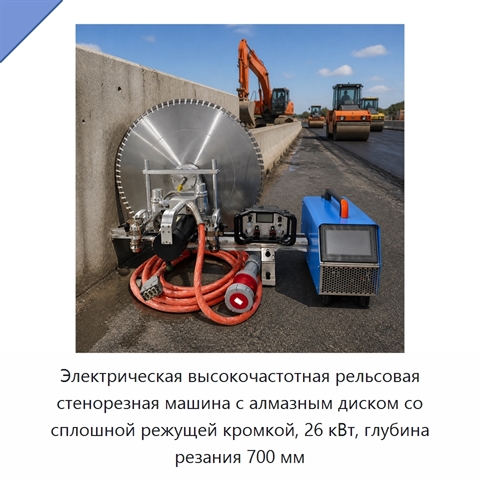 Электрическая высокочастотная рельсовая стенорезная машина с алмазным диском со сплошной режущей кромкой, 26 кВт, глубина резания 700 мм