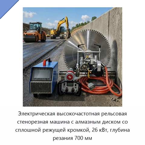 Электрическая высокочастотная рельсовая стенорезная машина с алмазным диском со сплошной режущей кромкой, 26 кВт, глубина резания 700 мм