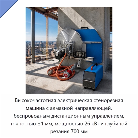 Высокочастотная электрическая стенорезная машина с алмазной направляющей, беспроводным дистанционным управлением, точностью ±1 мм, мощностью 26 кВт и глубиной резания 700 мм