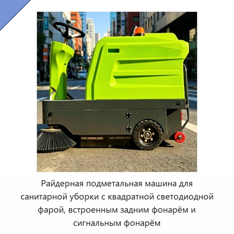 Райдерная подметальная машина для санитарной уборки с квадратной светодиодной фарой, встроенным задним фонарём и сигнальным фонарём
