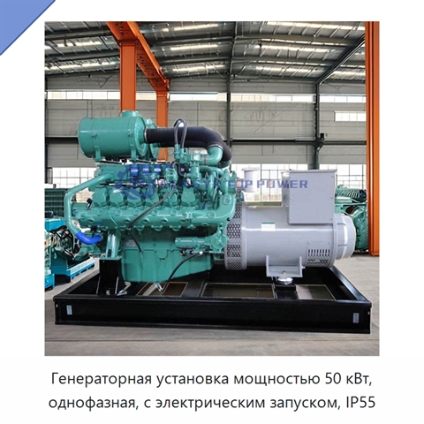 Генераторная установка мощностью 50 кВт, однофазная, с электрическим запуском, IP55