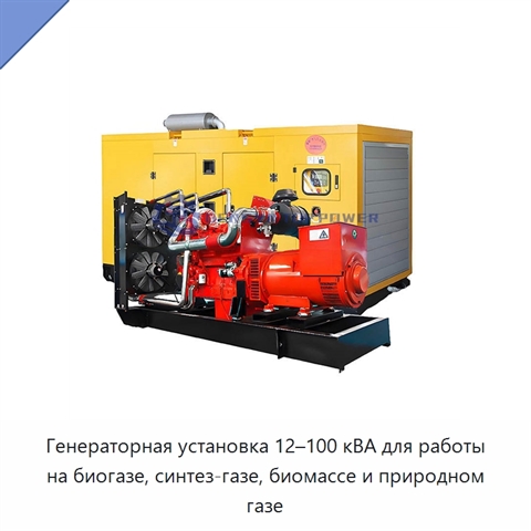 Генераторная установка 12–100 кВА для работы на биогазе, синтез-газе, биомассе и природном газе