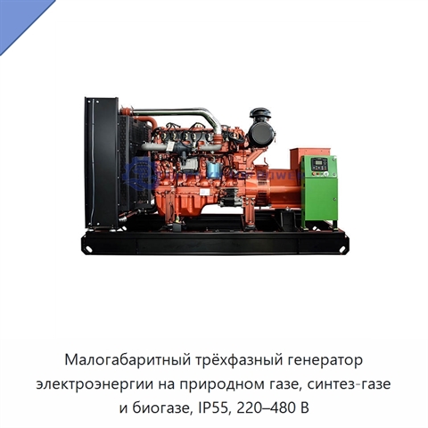 Малогабаритный трёхфазный генератор электроэнергии на природном газе, синтез-газе и биогазе, IP55, 220–480 В