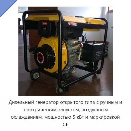 Дизельный генератор открытого типа с ручным и электрическим запуском, воздушным охлаждением, мощностью 5 кВт и маркировкой CE