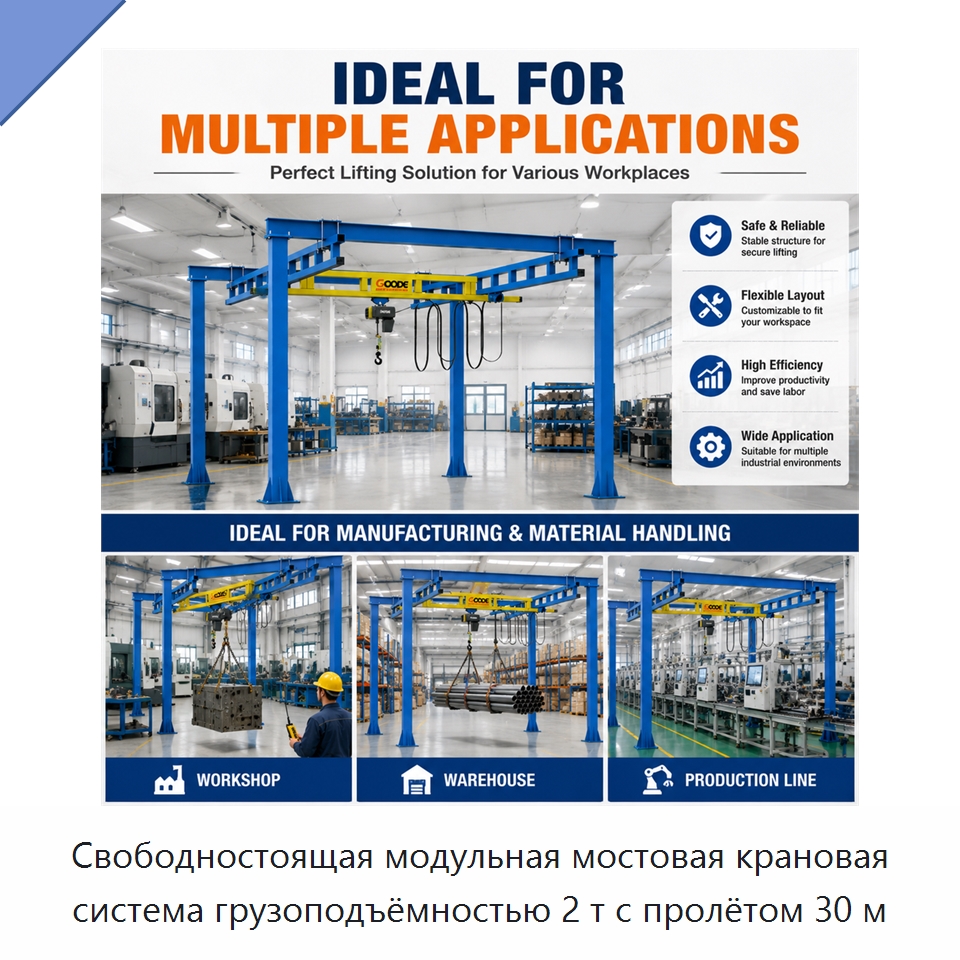 Свободностоящая модульная мостовая крановая система грузоподъёмностью 2 т с пролётом 30 м — Краны