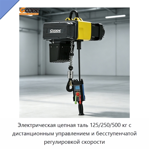 Электрическая цепная таль 125/250/500 кг с дистанционным управлением и бесступенчатой регулировкой скорости