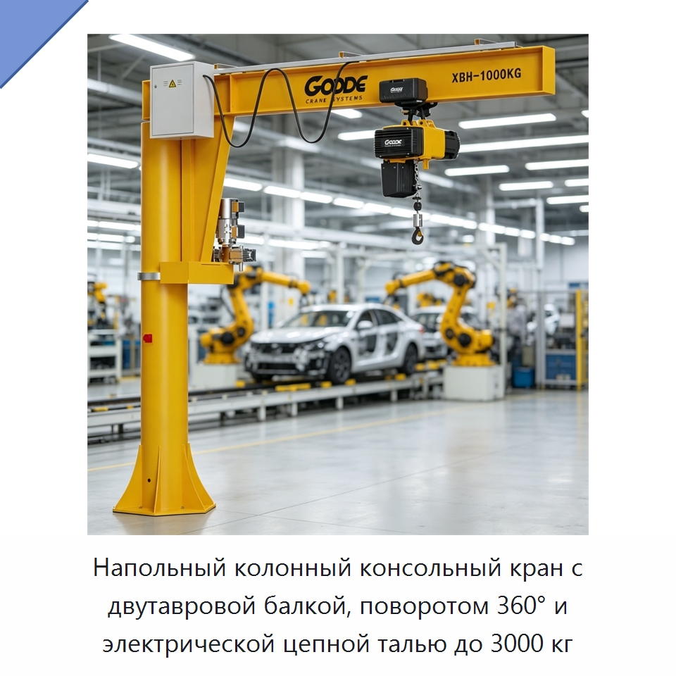 Напольный колонный консольный кран с двутавровой балкой, поворотом 360° и электрической цепной талью до 3000 кг — Краны