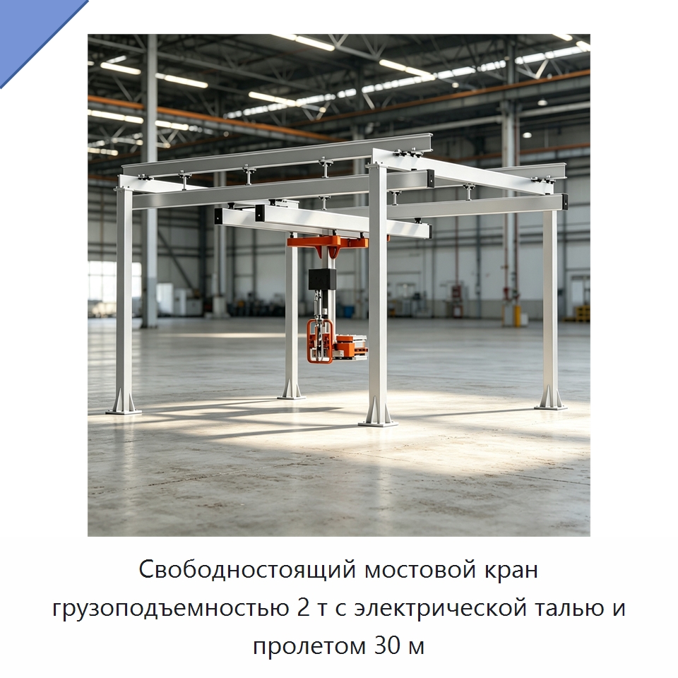 Свободностоящий мостовой кран грузоподъемностью 2 т с электрической талью и пролетом 30 м — Краны