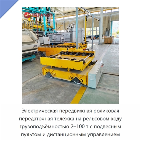 Электрическая передвижная роликовая передаточная тележка на рельсовом ходу грузоподъёмностью 2–100 т с подвесным пультом и дистанционным управлением