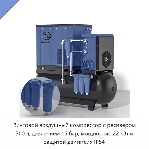 Винтовой воздушный компрессор с ресивером 300 л, давлением 16 бар, мощностью 22 кВт и защитой двигателя IP54