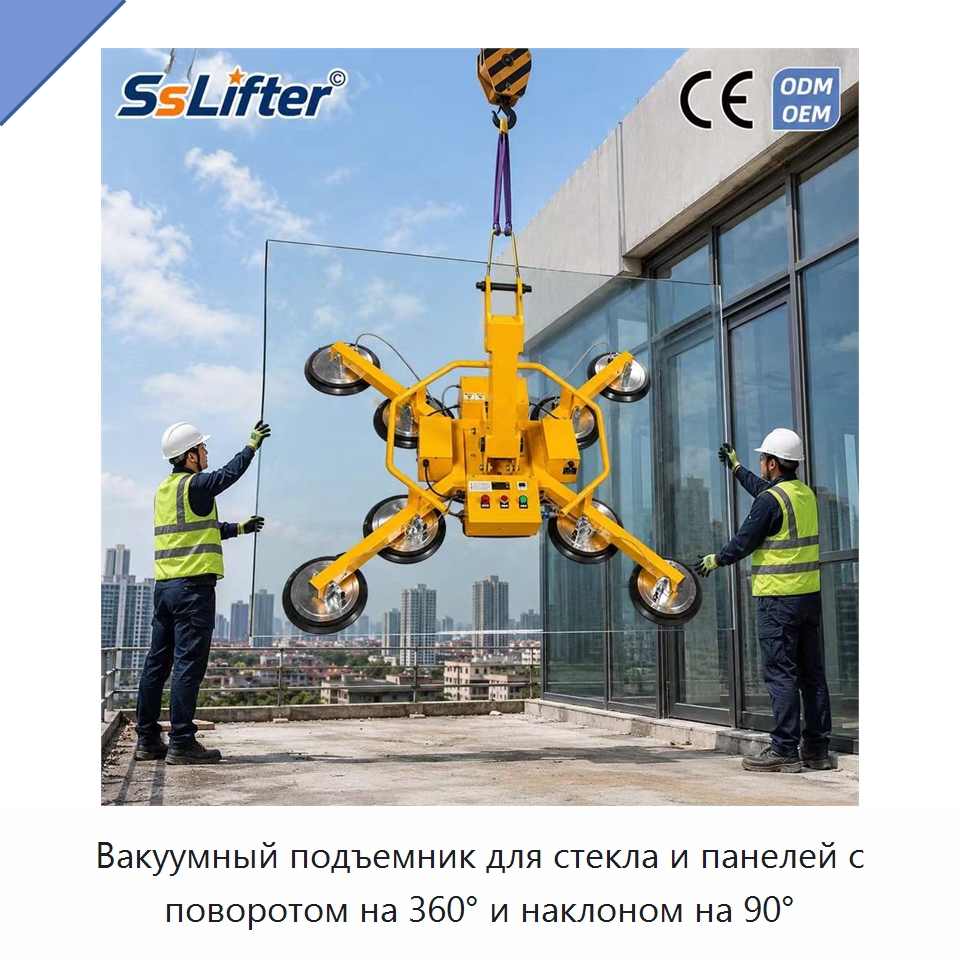 Вакуумный подъемник для стекла и панелей с поворотом на 360° и наклоном на 90° — Вакуумные грузозахваты